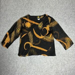 Anne Namba Women's Size Small Black Gold 100% Silk Peacock Feather Print Blouse